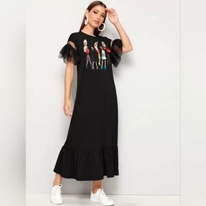 SHEIN Black Graphic Midi Dress with Tulle Sleeves